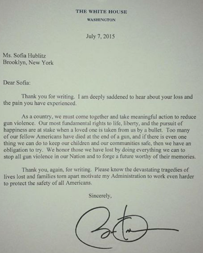 Picture of letter that was sent by president Barack Obama to Sofia Hublitz.